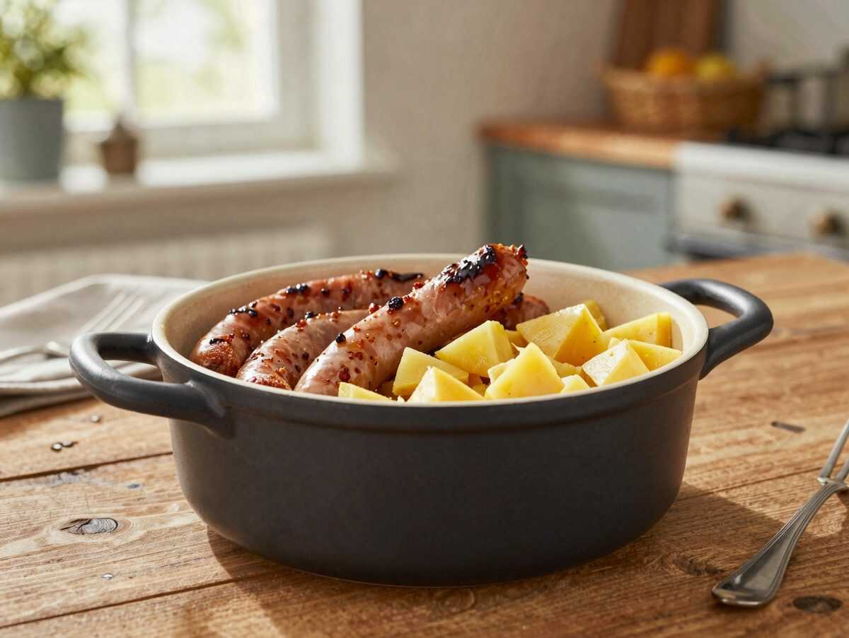 Ofen-Sauerkraut mit Würstchen, Speck und Kartoffeln – herzhaftes Familienessen aus einem Topf