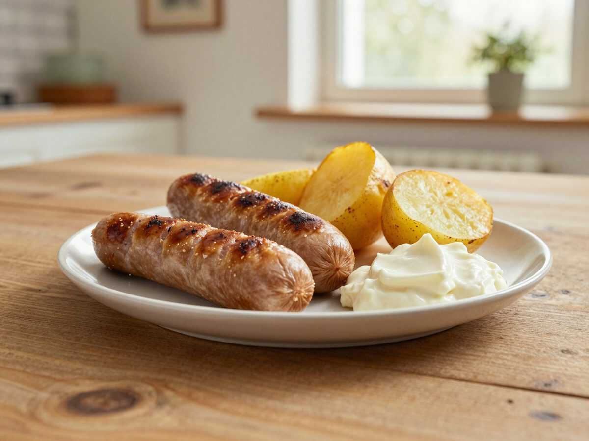 Ofenwürstchen mit knusprigen Kartoffeln und Senf