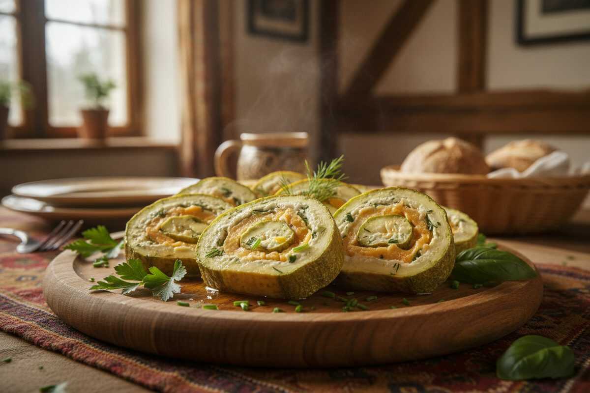 Herzhafte Zucchinirolle mit Frischkäse, Schinken und Paprika, aufgeschnitten