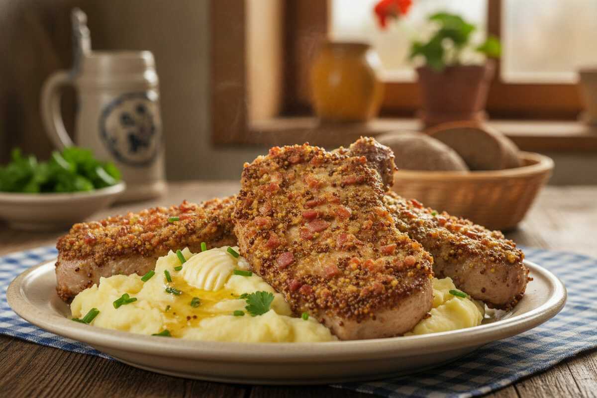 Saftige Schweinekoteletts in Speck-Senf-Kruste mit cremigem Kartoffelpüree