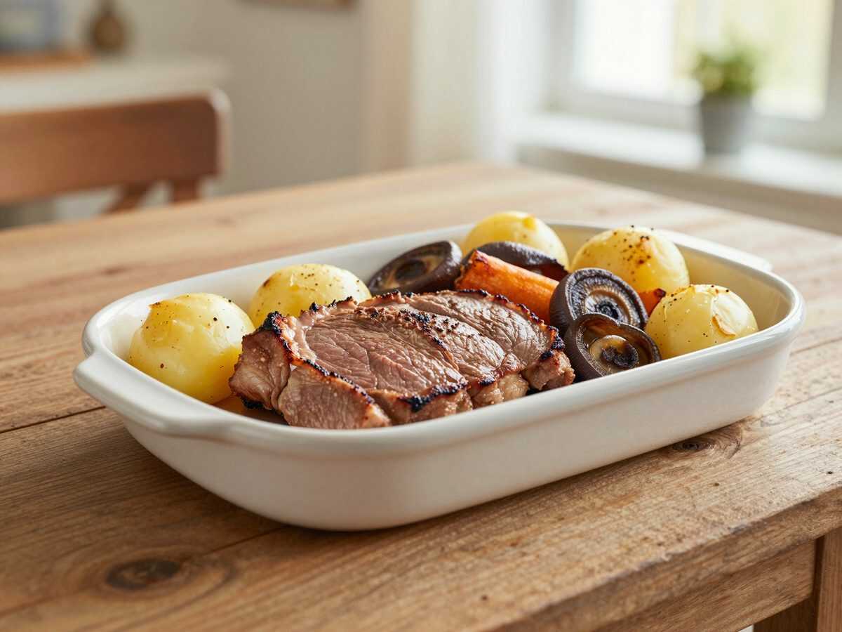 Saftiger Rinderbraten aus dem Ofen mit knusprigen Kartoffeln, Möhren und Champignons