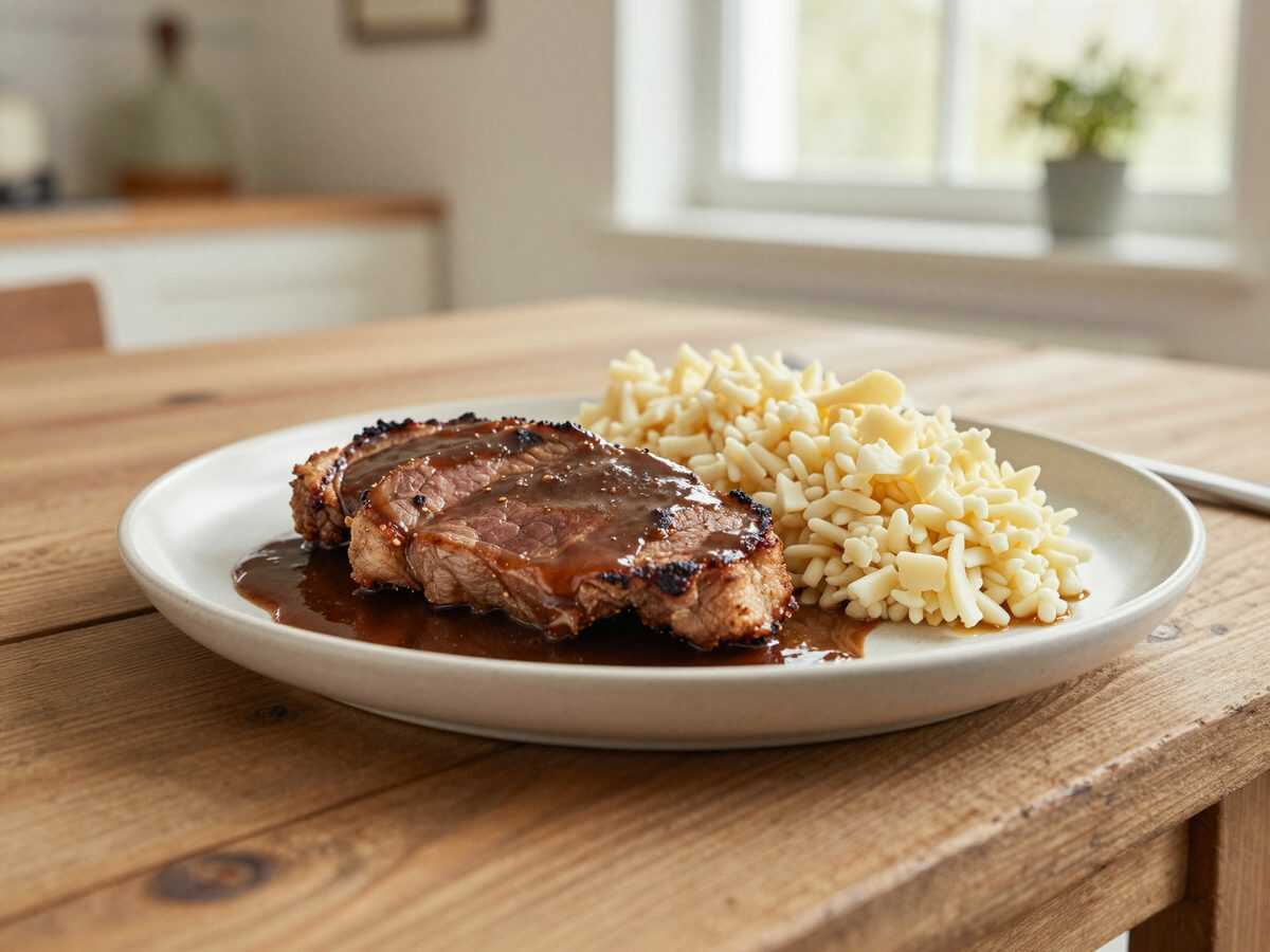 Saftiger Schweinebraten mit dunkler Soße und Kartoffelknödeln