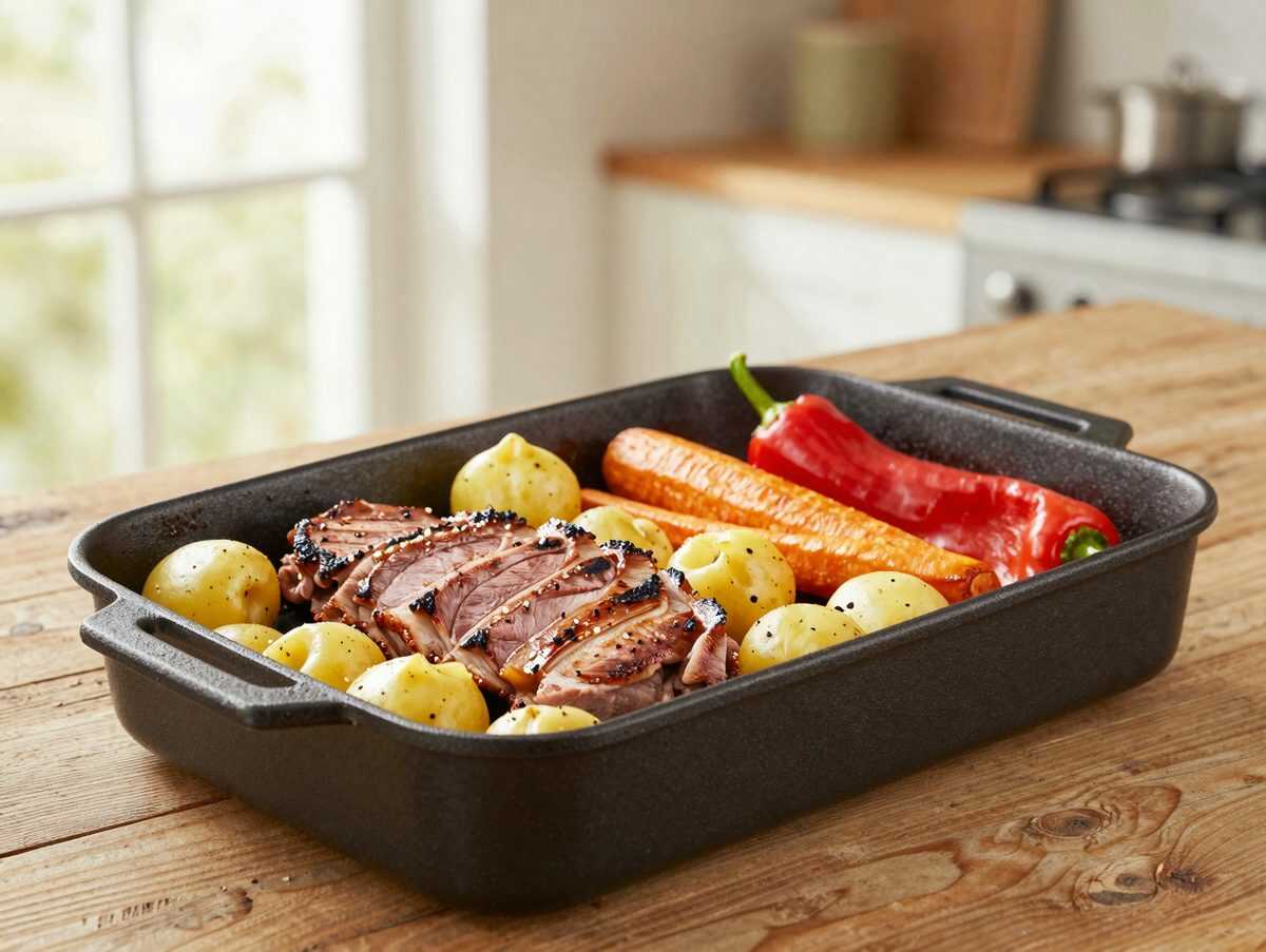 Saftiger Schweinebraten mit Kartoffeln, Möhren und Paprika aus dem Ofen
