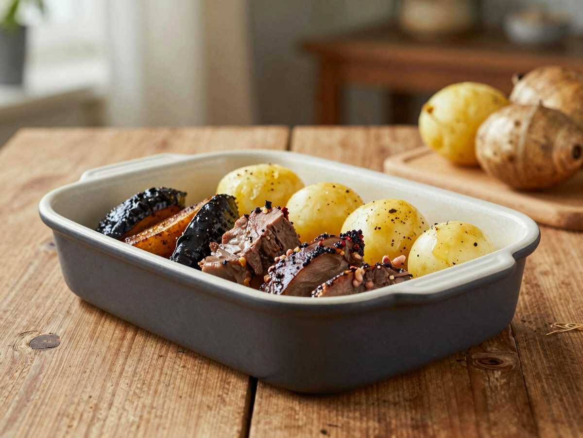 Saftiges Ofen-Rindfleisch mit knusprigen Kartoffeln und Möhren – alles aus einer Form