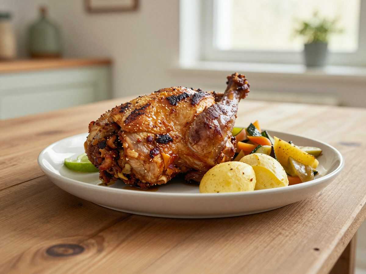 Saftiges Senf-Hähnchen mit knusprigen Ofenkartoffeln und geröstetem Gemüse