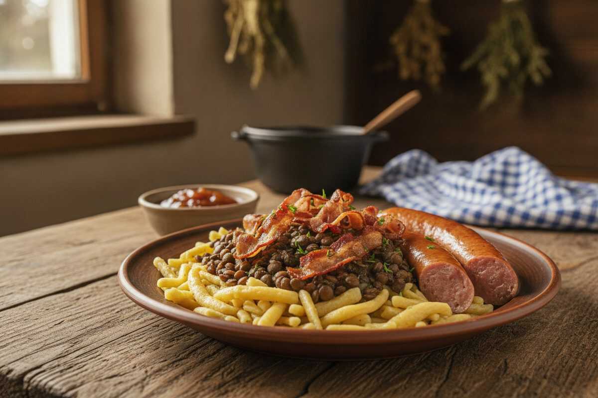 Schwäbische Linsen mit Spätzle, Saitenwürstchen und knusprigem Speck