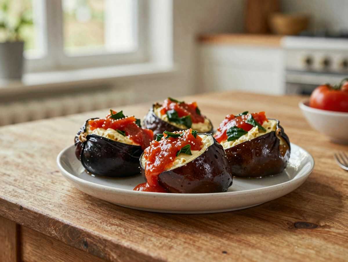 Überbackene Auberginenröllchen mit Ricotta, Spinat und Tomatensauce
