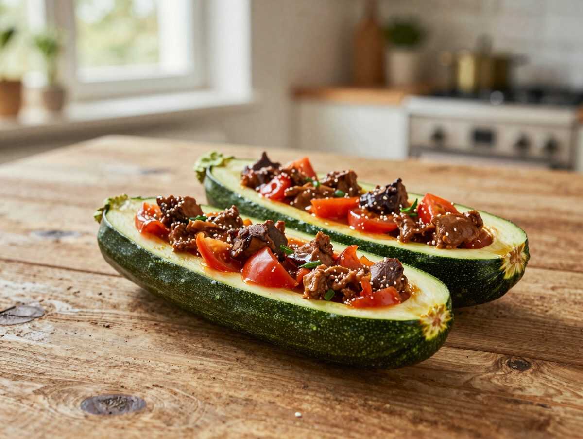 Überbackene Zucchini-Boote mit würziger Hackfleisch-Tomaten-Füllung