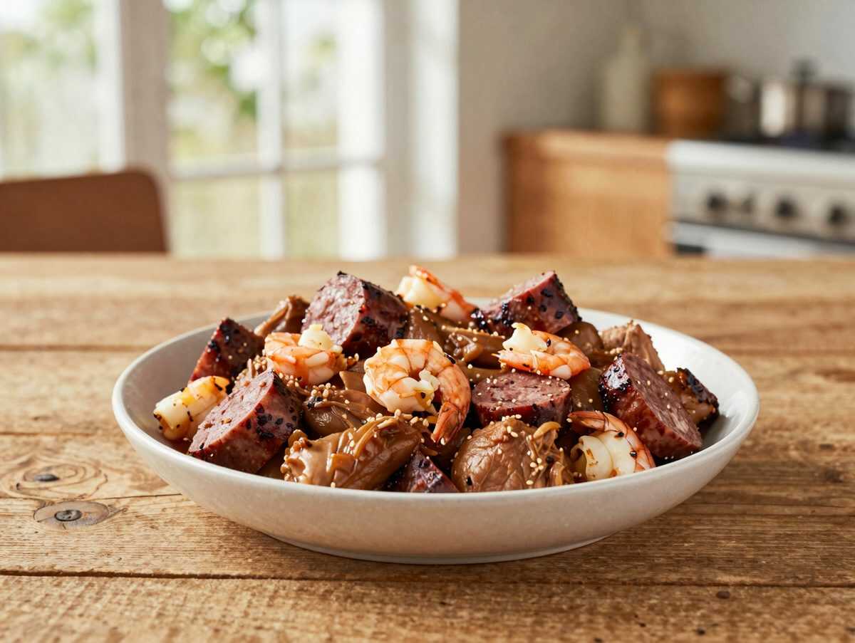 Würzige kreolische Jambalaya mit Hähnchen, Garnelen und Räucherwurst