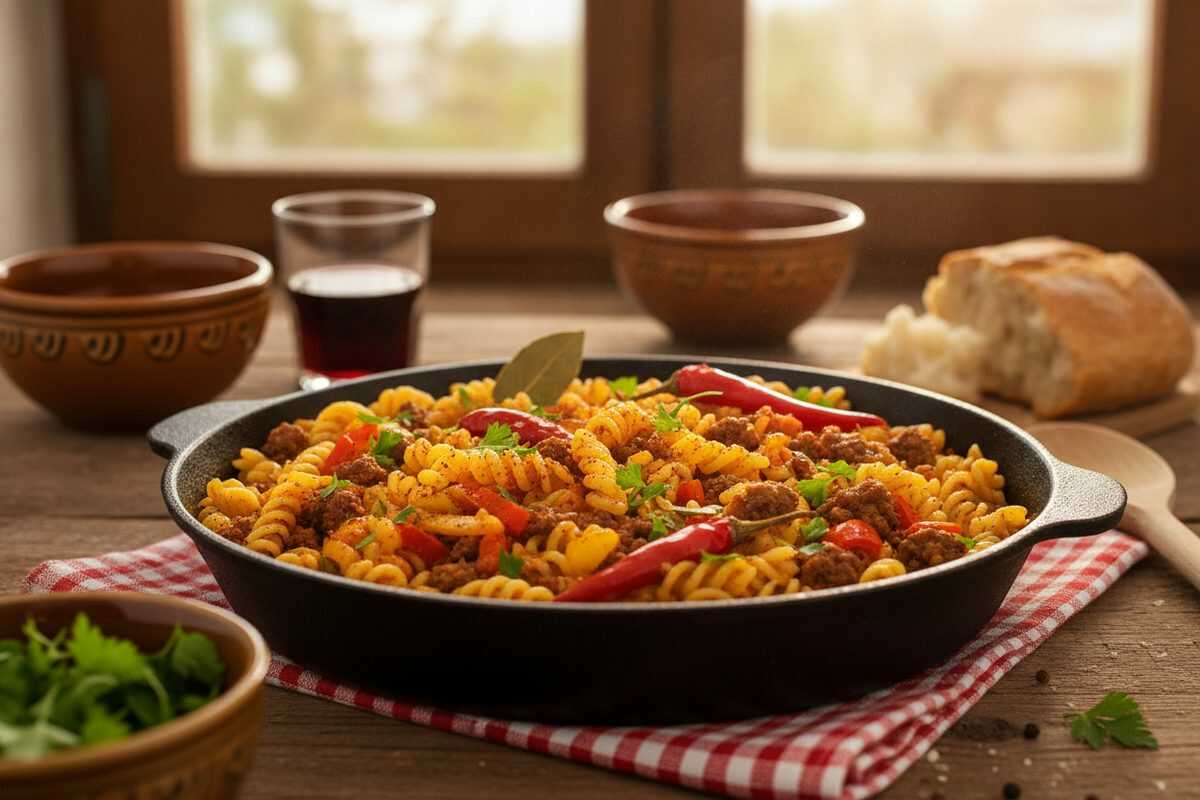 Würzige Kritharaki-Pfanne mit Hackfleisch und buntem Paprika-Gemüse