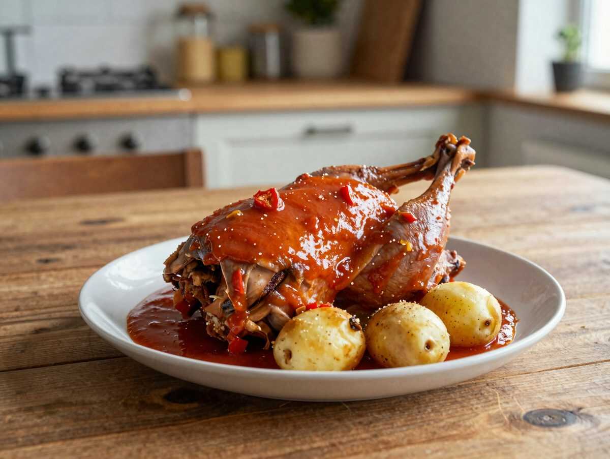 Würziges Ofenhähnchen mit Kartoffeln, Paprika und Tomatensauce