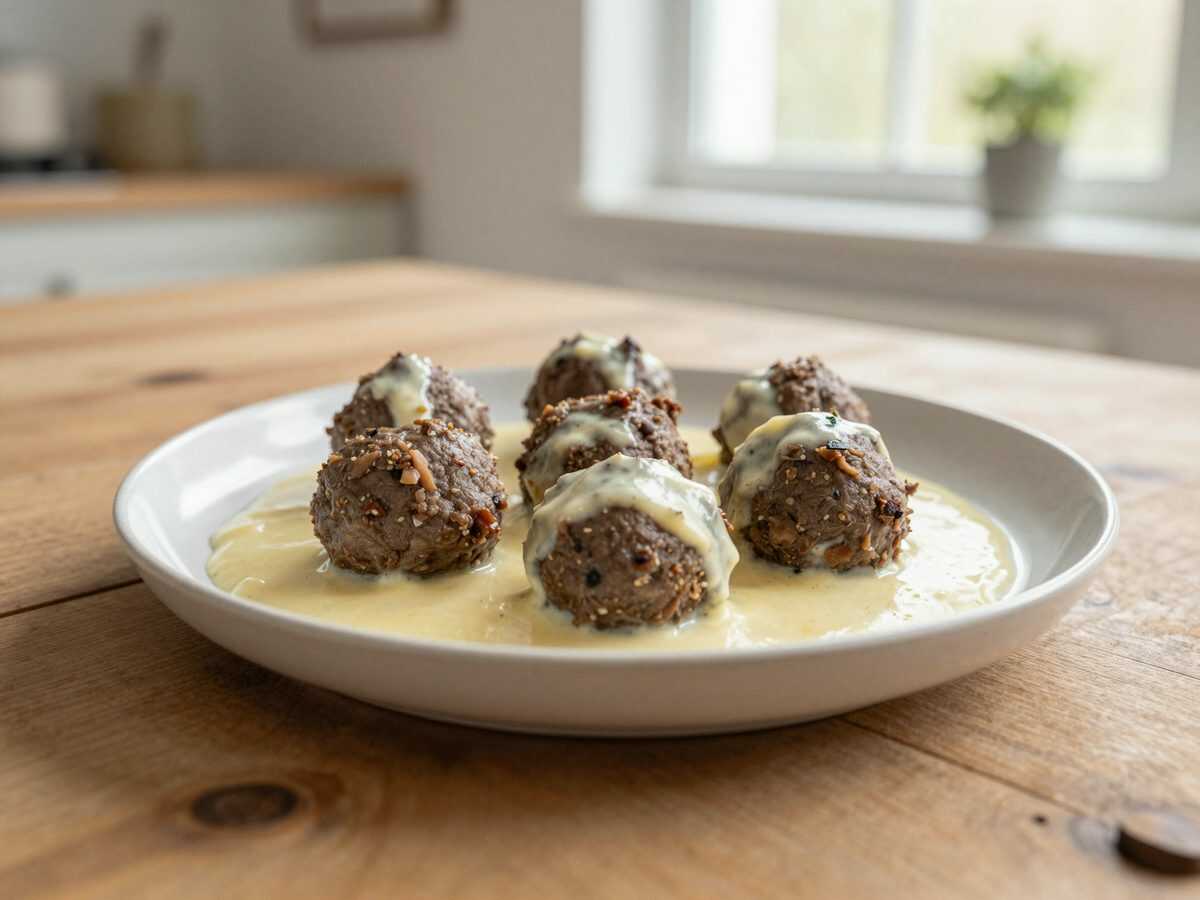 Zarte Rindfleischwürfel in cremiger Knoblauch-Kräuter-Sauce