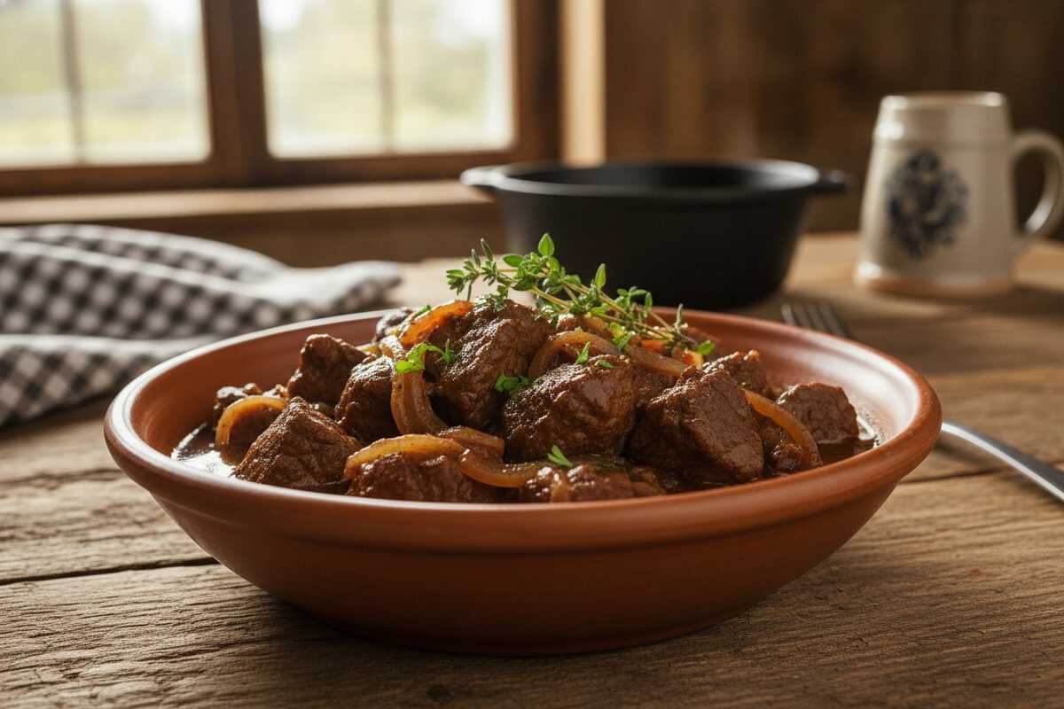 Zartes Rindergulasch mit Zwiebeln und kräftiger Schmorsauce