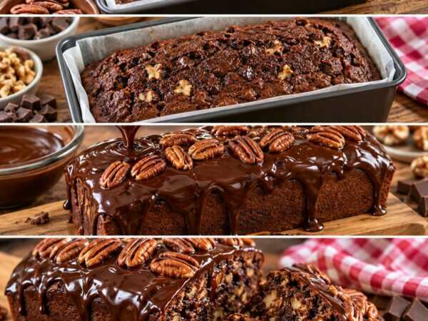 Saftiger Schoko-Pekannuss-Kuchen mit glänzender Ganache – extra schokoladig und herrlich nussig