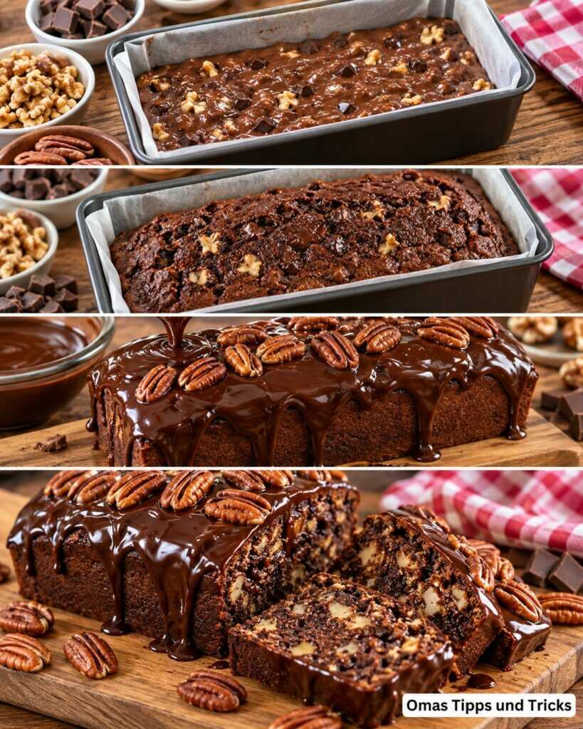 Saftiger Schoko-Pekannuss-Kuchen mit glänzender Ganache – extra schokoladig und herrlich nussig