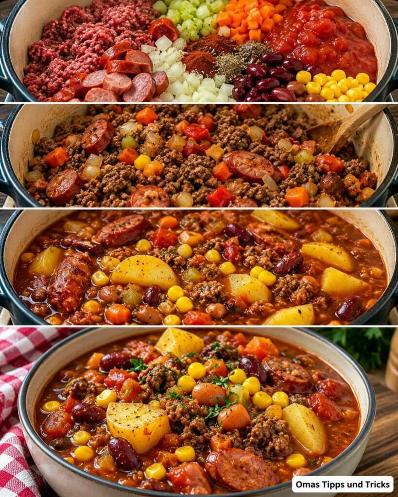 Herzhafter Cowboy-Eintopf mit Hackfleisch, Würstchen und Kartoffeln – deftig, würzig und einfach gemacht