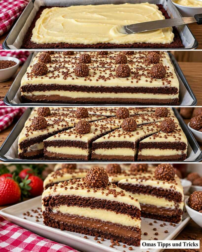 Cremiger Schoko-Vanille-Schnittenkuchen – saftige Schichten mit feiner Trüffelkrone