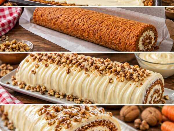 Saftige Karottenkuchen-Rolle mit Frischkäsecreme und Walnüssen