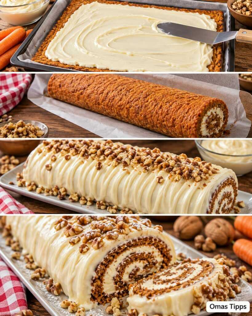Saftige Karottenkuchen-Rolle mit Frischkäsecreme und Walnüssen