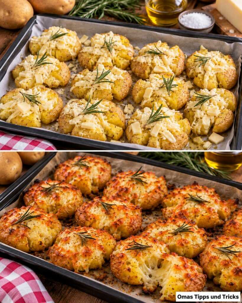 Knusprige Smashed Potatoes mit Käse – außen goldbraun, innen herrlich weich