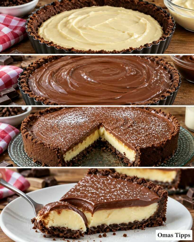 Cremige Schoko-Vanille-Tarte ohne Backen – mit knusprigem Schokoboden und zarter Ganache