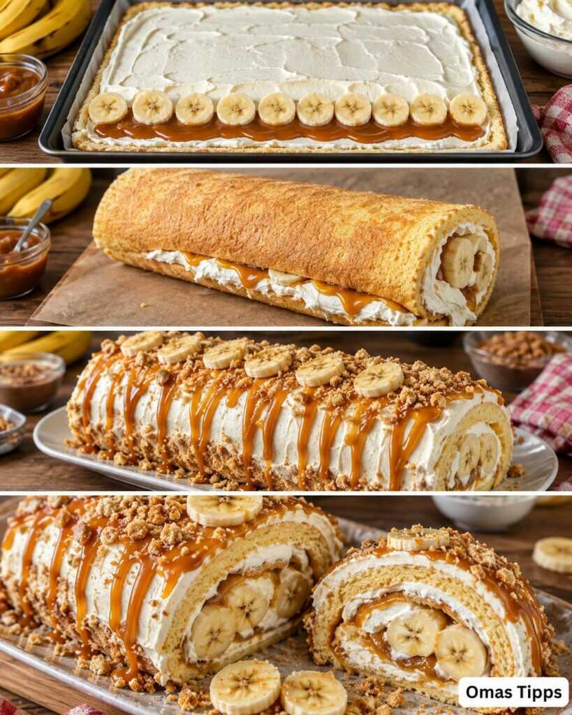 Bananen-Karamell-Biskuitrolle mit Sahne – cremig, fluffig und herrlich saftig