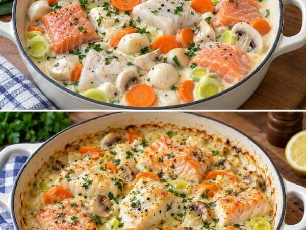Cremige Fischpfanne mit Lachs, Weißfisch und Gemüse – herrlich zart aus dem Ofen