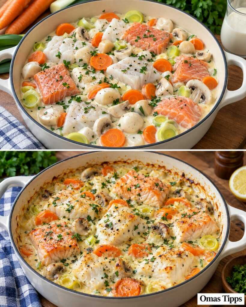 Cremige Fischpfanne mit Lachs, Weißfisch und Gemüse – herrlich zart aus dem Ofen