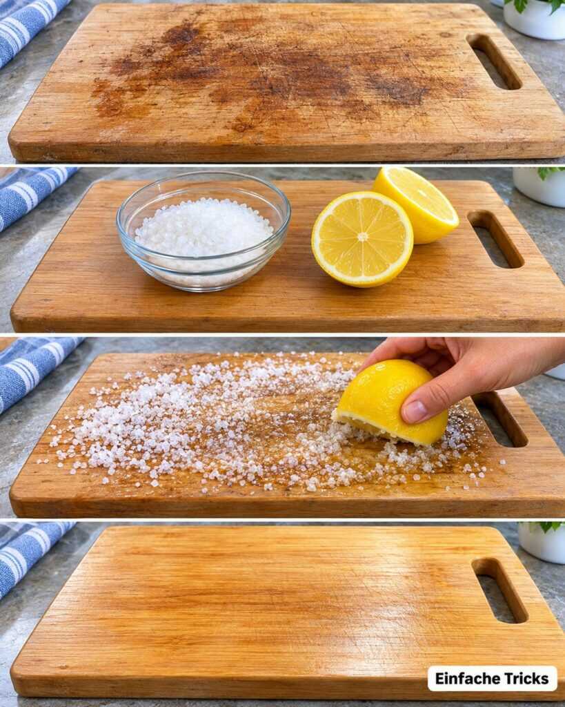 Holzschneidebrett riecht unangenehm? Mit grobem Salz und Zitrone wird es wieder frisch und sauber