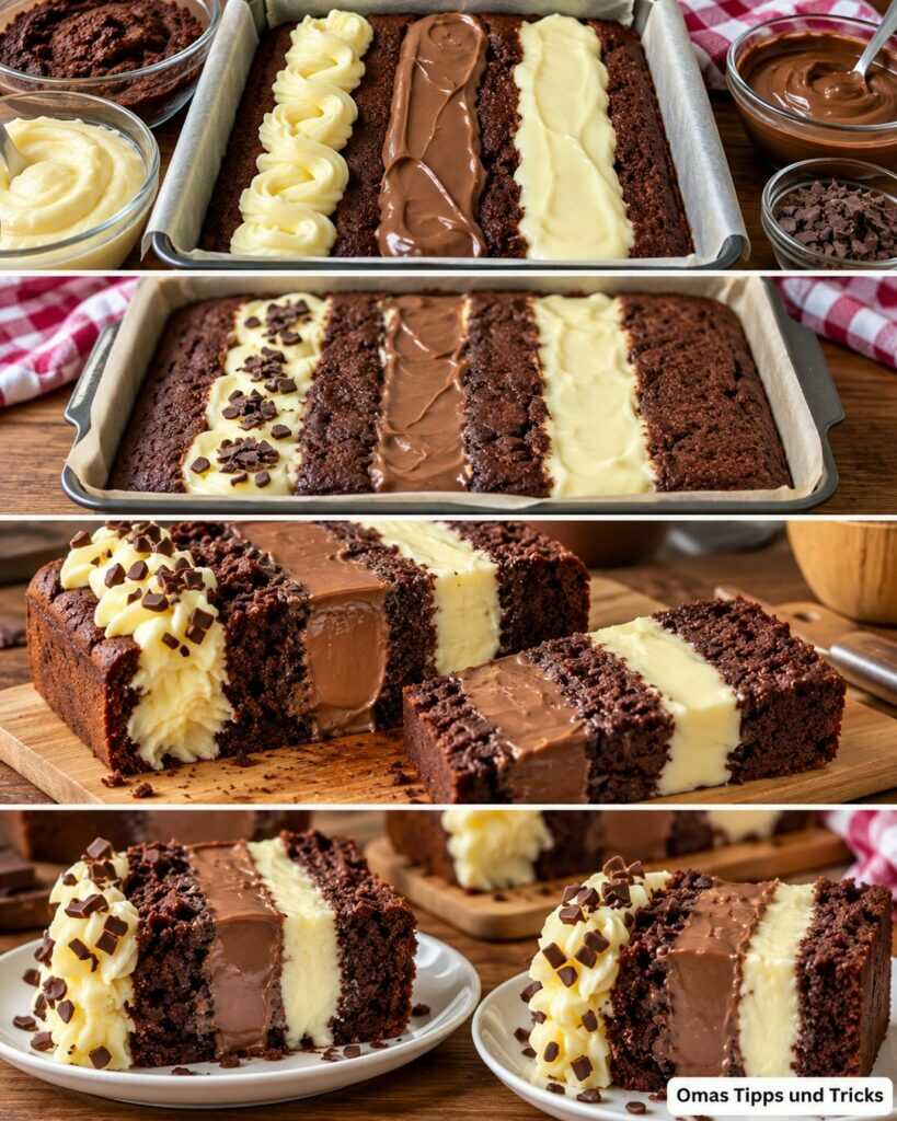 Saftiger Schokokuchen mit zweierlei Creme – extra cremig mit Vanille- und Schokoladenfüllung