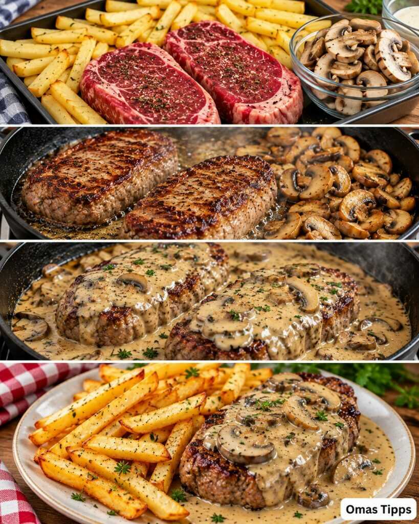 Saftiges Steak mit cremiger Champignon-Rahmsoße und knusprigen Ofenpommes