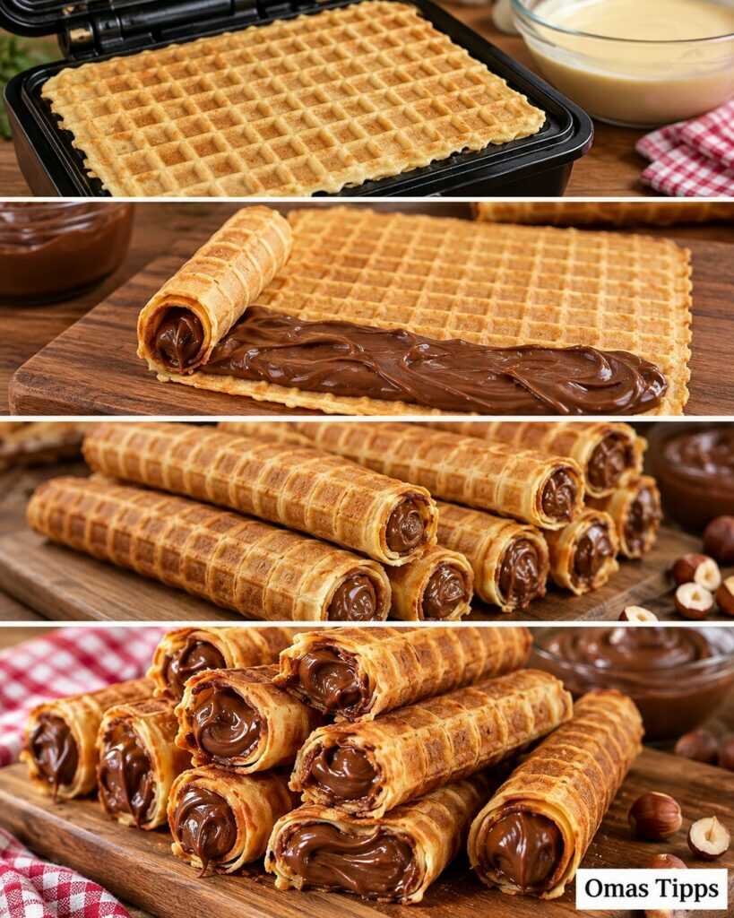 Knusprige Waffelröllchen mit Schoko-Haselnuss-Creme – einfach selbst gemacht