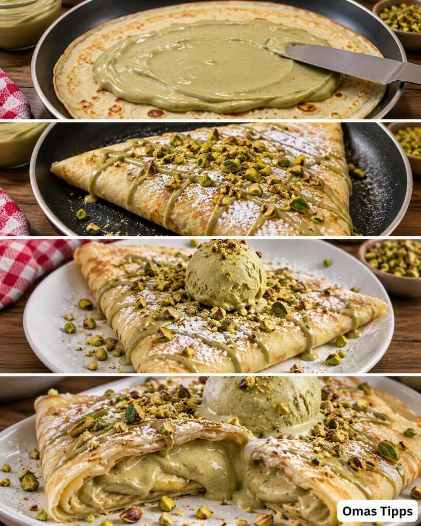 Pistazien-Crêpes mit cremiger Füllung – hauchdünn, knusprig und herrlich cremig