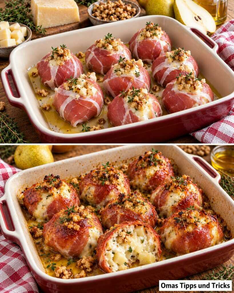 Knusprige Schinken-Käse-Bällchen mit Birne und Walnüssen – herzhaft, cremig und unwiderstehlich