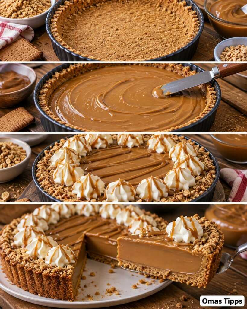 Cremige Karamell-Tarte ohne Backen – mit knusprigem Keksboden und Sahnehäubchen