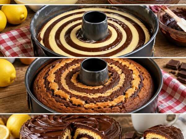 Saftiger Schoko-Vanille-Spiralkuchen mit Schokoglasur – beim Anschneiden kommt das Muster zum Vorschein