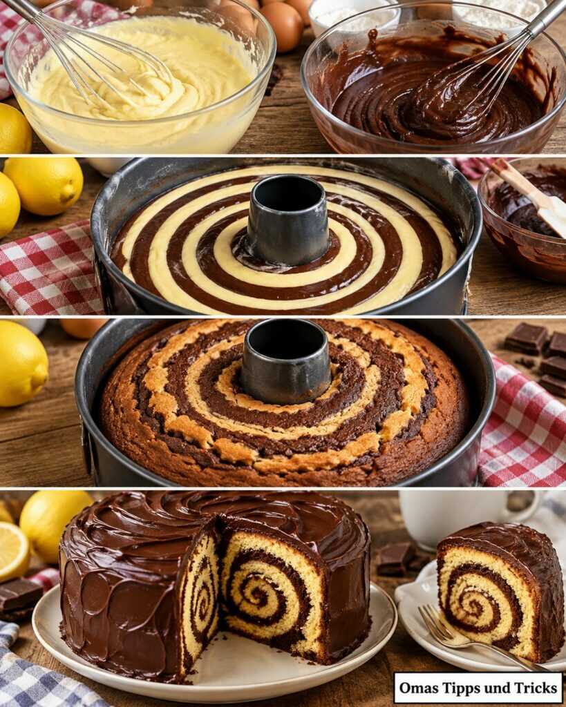 Saftiger Schoko-Vanille-Spiralkuchen mit Schokoglasur – beim Anschneiden kommt das Muster zum Vorschein