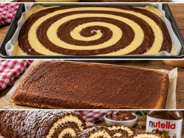 Saftige Schoko-Vanille-Biskuitrolle mit Nuss-Nougat-Creme – fluffig, cremig und wunderschön marmoriert