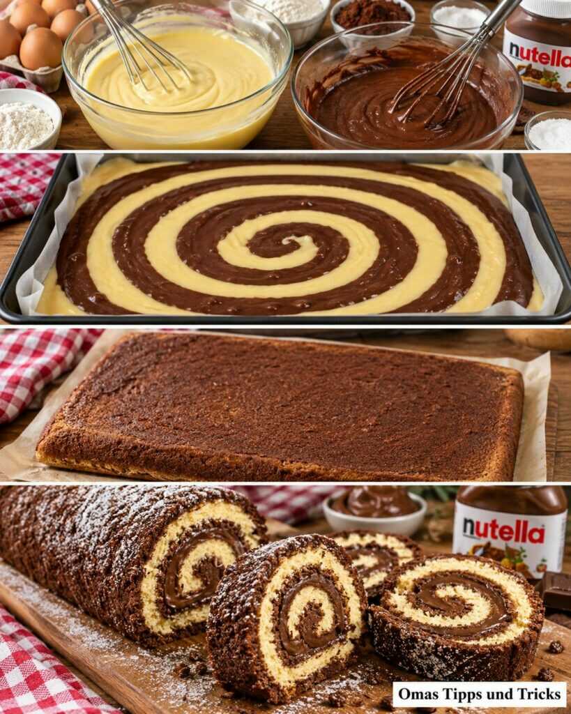 Saftige Schoko-Vanille-Biskuitrolle mit Nuss-Nougat-Creme – fluffig, cremig und wunderschön marmoriert