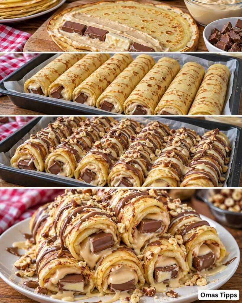 Gefüllte Crêpe-Röllchen mit Schokoriegeln und Haselnusscreme – unwiderstehlich cremig