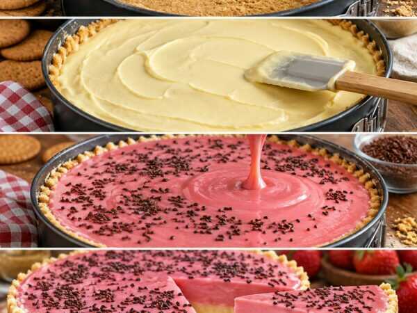 Cremiger Erdbeer-Vanille-Kuchen ohne Backen – mit knusprigem Keksboden