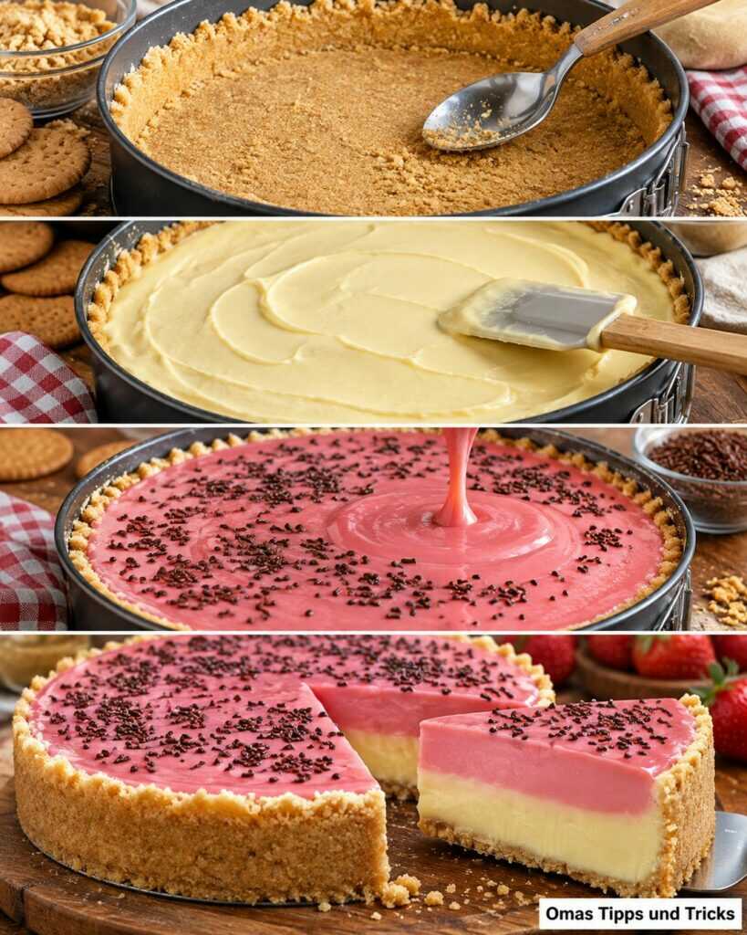 Cremiger Erdbeer-Vanille-Kuchen ohne Backen – mit knusprigem Keksboden