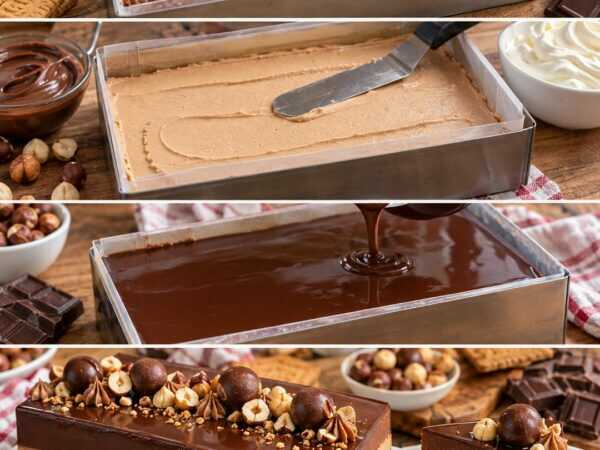 Schoko-Haselnuss-Praliné-Traum: Cremiges Entremet mit Knusperboden und glänzender Ganache
