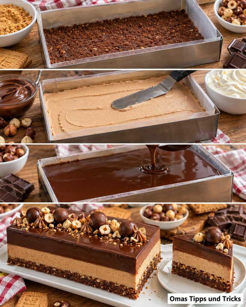 Schoko-Haselnuss-Praliné-Traum: Cremiges Entremet mit Knusperboden und glänzender Ganache