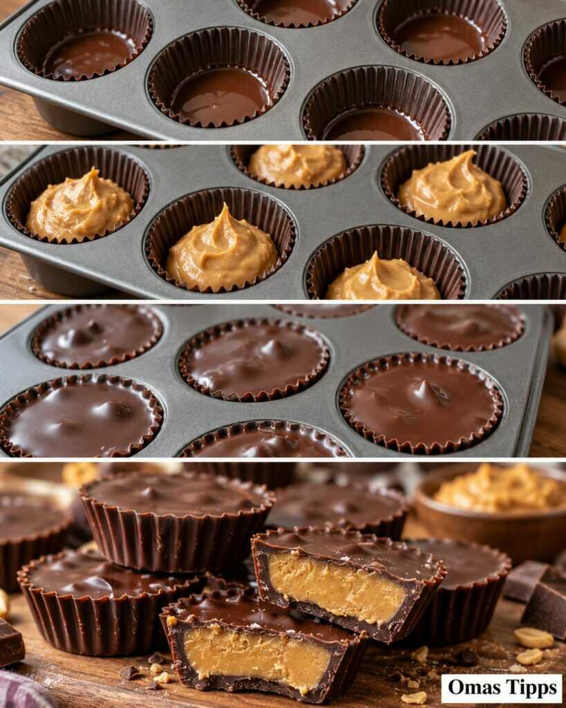 Schoko-Erdnussbutter-Cups ohne Backen – cremige Füllung, knackige Schokohülle