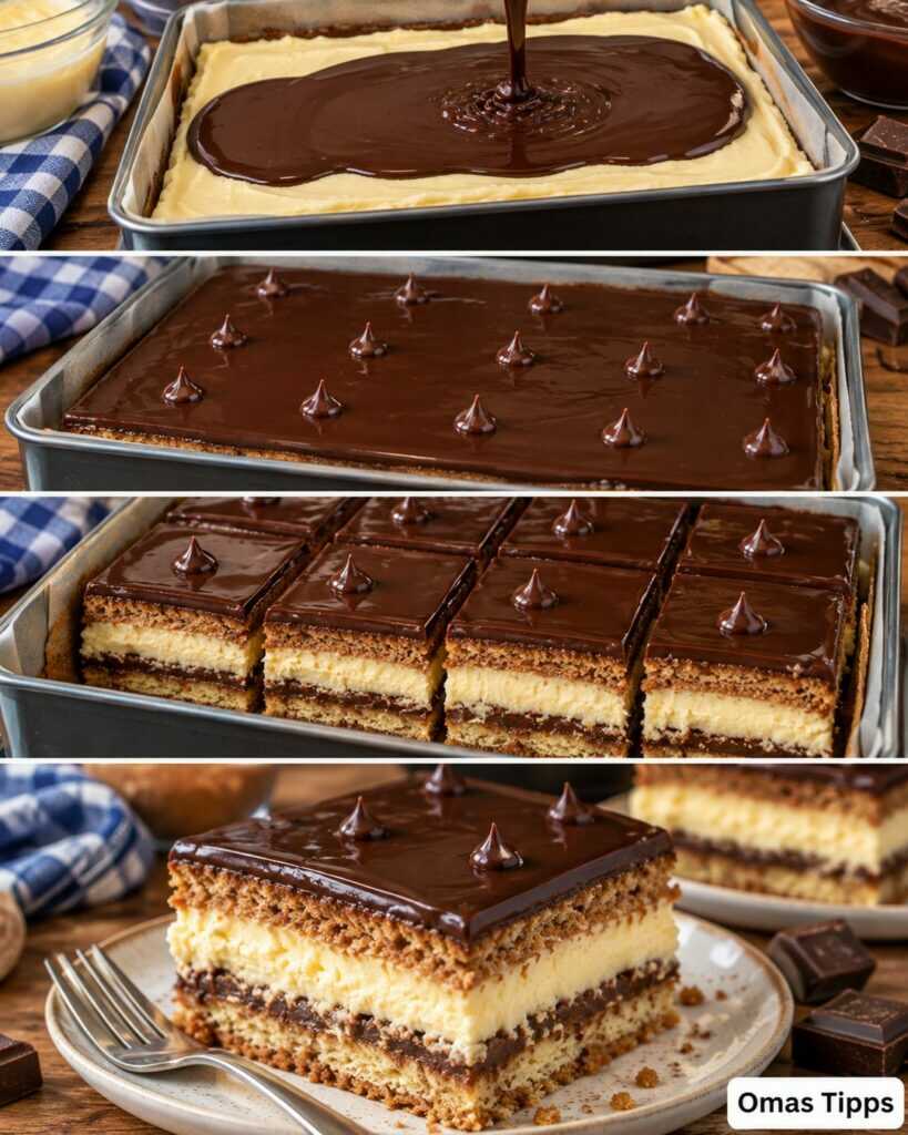 Cremiger Schoko-Vanille-Schnittenkuchen – himmlisch zart mit Puddingcreme und Schokoglasur