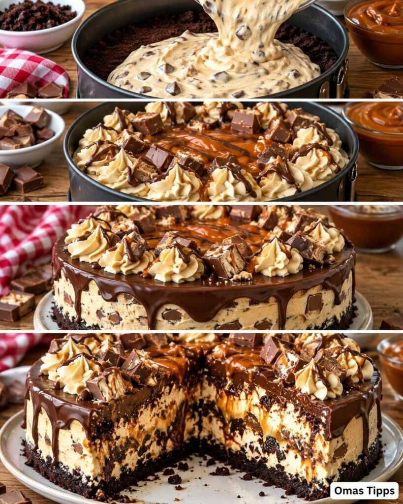 Cremige Schoko-Karamell-Torte mit Brownieboden und Schokoriegeln