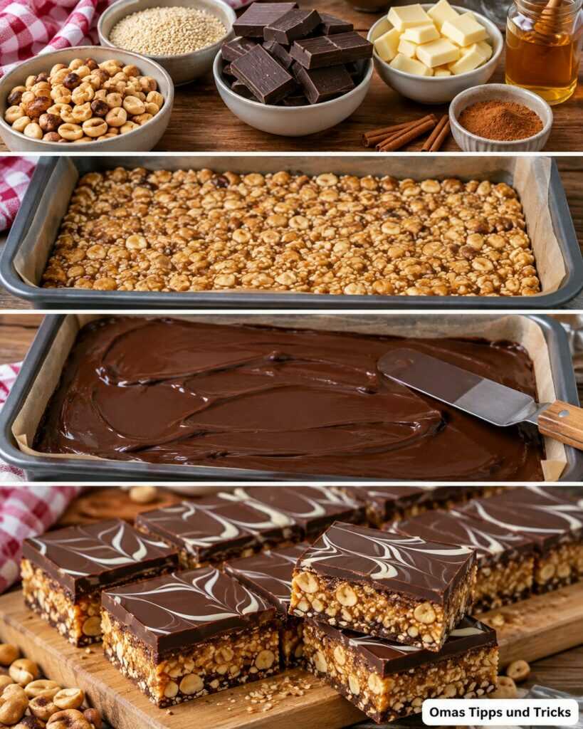 Knusprige Schoko-Erdnuss-Schnitten ohne Backen – mit Honig, Sesam und feinem Schoko-Muster