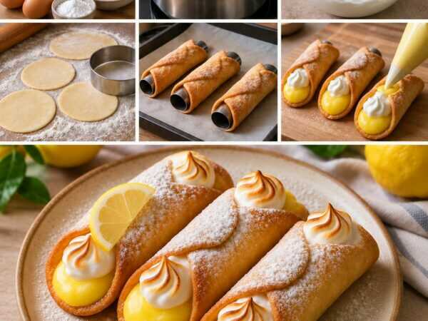 Knusprige Zitronenröllchen mit Lemon Curd und luftiger Baisercreme