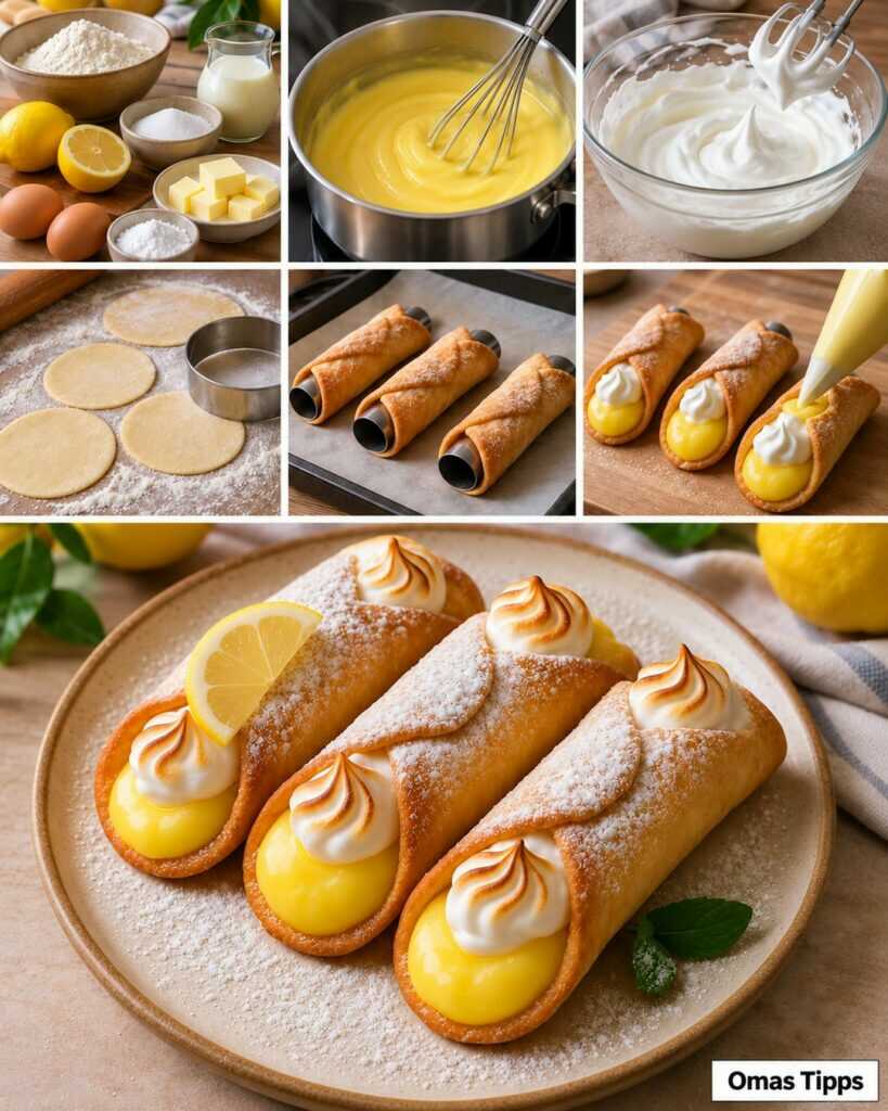 Knusprige Zitronenröllchen mit Lemon Curd und luftiger Baisercreme